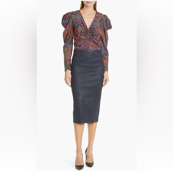 NWT Veronica Beard Simmons Silk-Blend Puff-Sleeve Ruched Blouse Women's 4 - Picture 4 of 7